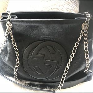 Black Leather GUCCI HANDBAG  gold Chain Straps